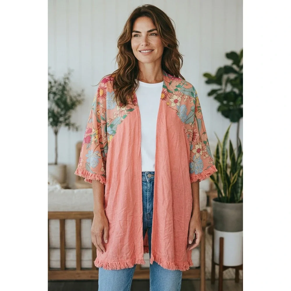 Umgee USA Floral Kimono Cardigan‎ Coral Pink Fringe Trim Boho Open Front S/M